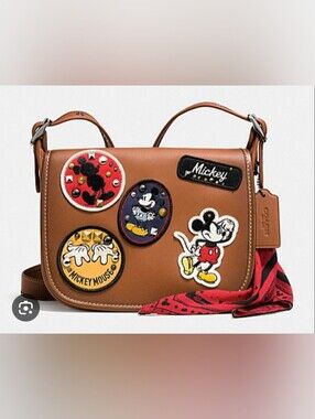 Coach Brown Leather Mickey Mouse Patch Crossbody with Red Scarf Accent